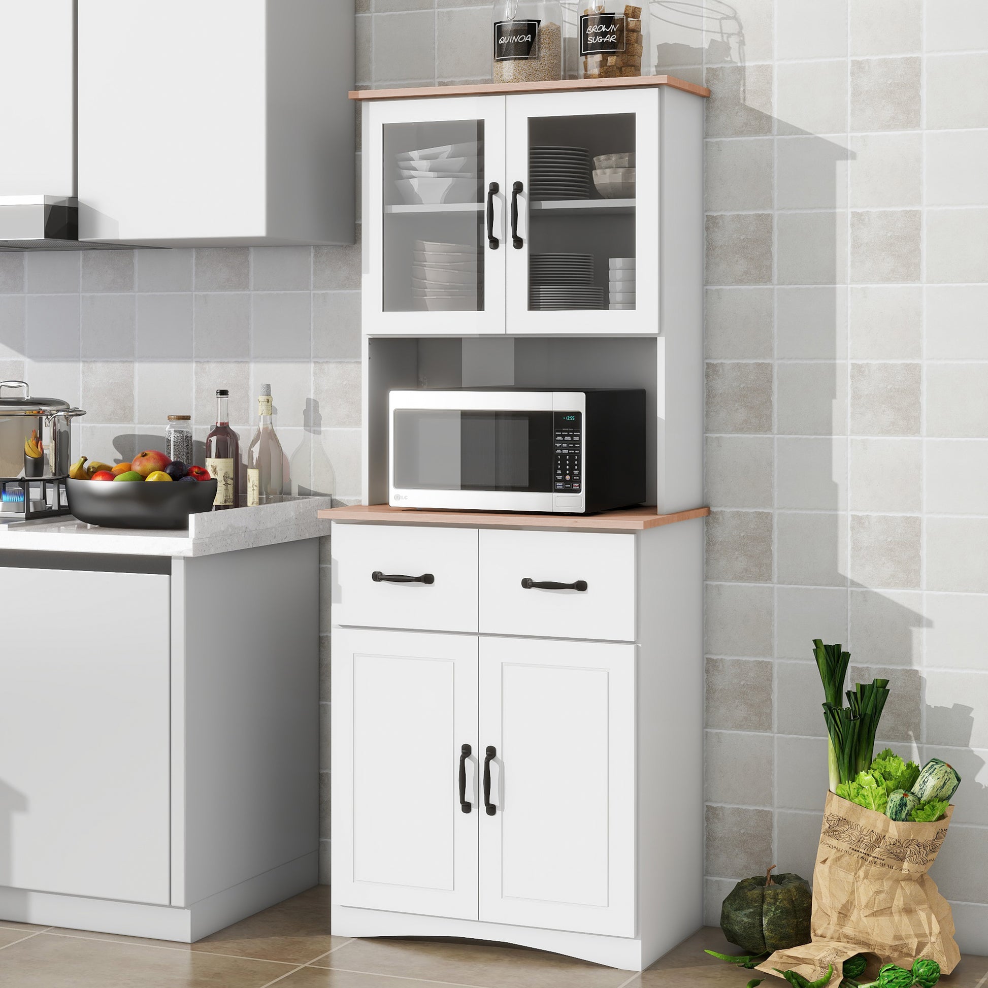 Wooden Kitchen Cabinet White Pantry Room Storage Microwave Cabinet with Framed Glass Doors and Drawer 