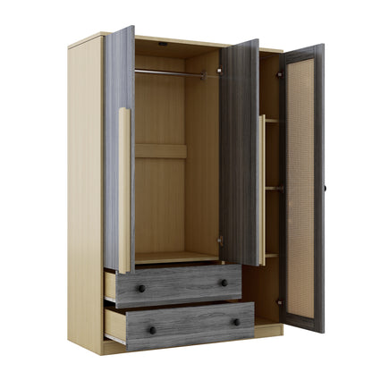 3-Doors Wooden Rattan Wardrobe Storage for Bedroom,with 2 Drawers,Gray+Nature