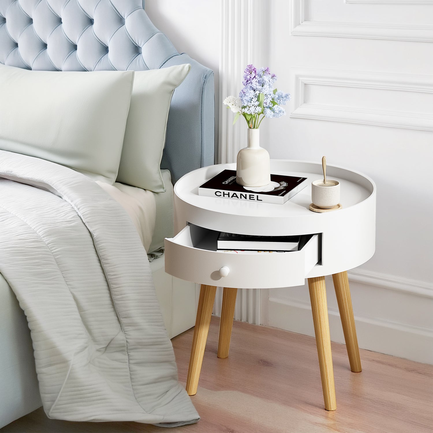 18'H Nightstand with Storage Drawer & Oak Legs Bedside Table, Sofa Side Coffee Table for Bedroom, Living Room, White