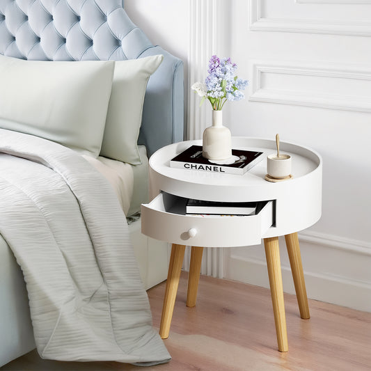 18'H Nightstand with Storage Drawer & Oak Legs Bedside Table, Sofa Side Coffee Table for Bedroom, Living Room, White