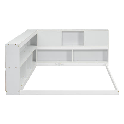 Full Floor Bed with L-shaped Bookcases (White)