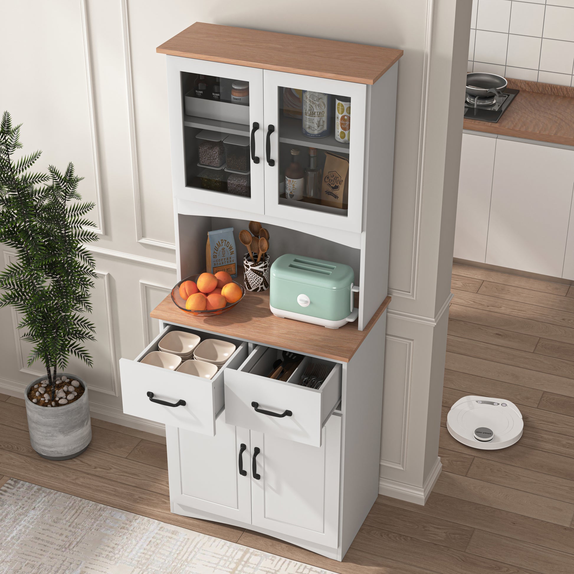 Wooden Kitchen Cabinet White Pantry Room Storage Microwave Cabinet with Framed Glass Doors and Drawer 