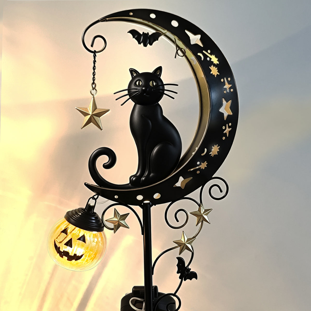 Halloween Garden Stake Light with Black Cat & Pumpkin