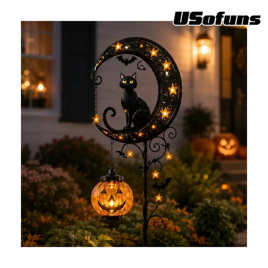 Halloween Garden Stake Light with Black Cat & Pumpkin
