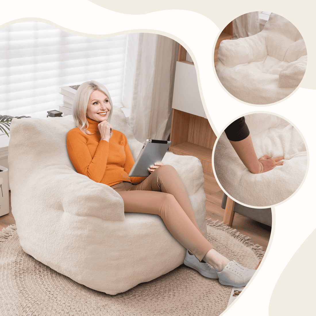 Velvet Bean Bag Chair - Plush Sofa Chair for Living Room, Bedroom & Dorm - Soft Faux Fur Lounge Chair