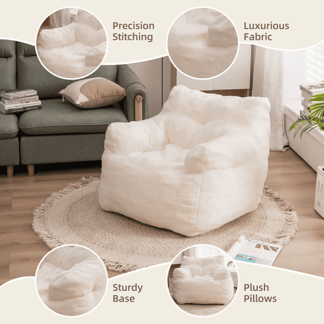 Faux Fur Velvet Bean Bag Chair - Modern Sofa Seat for Living Space, Game Room & Nursery