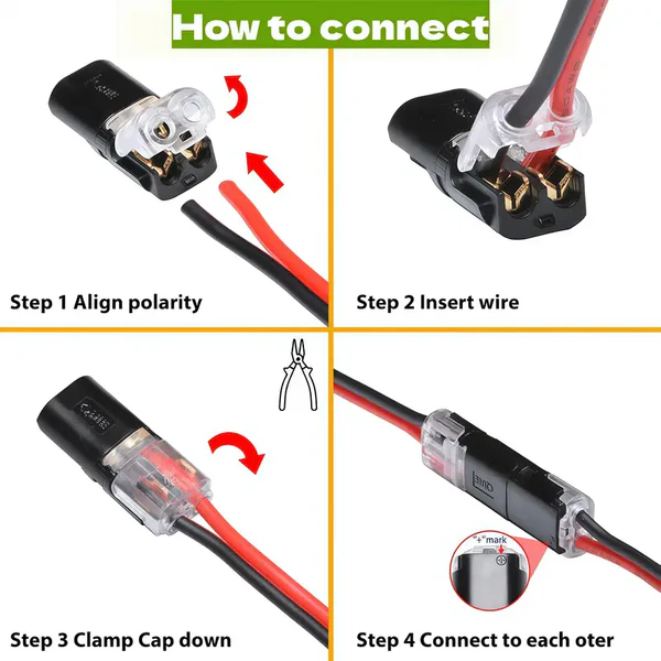 2-Pin Solderless Connector for LED Light Strips (18–22 AWG)