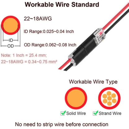 2-Pin Solderless Connector for LED Light Strips (18–22 AWG)