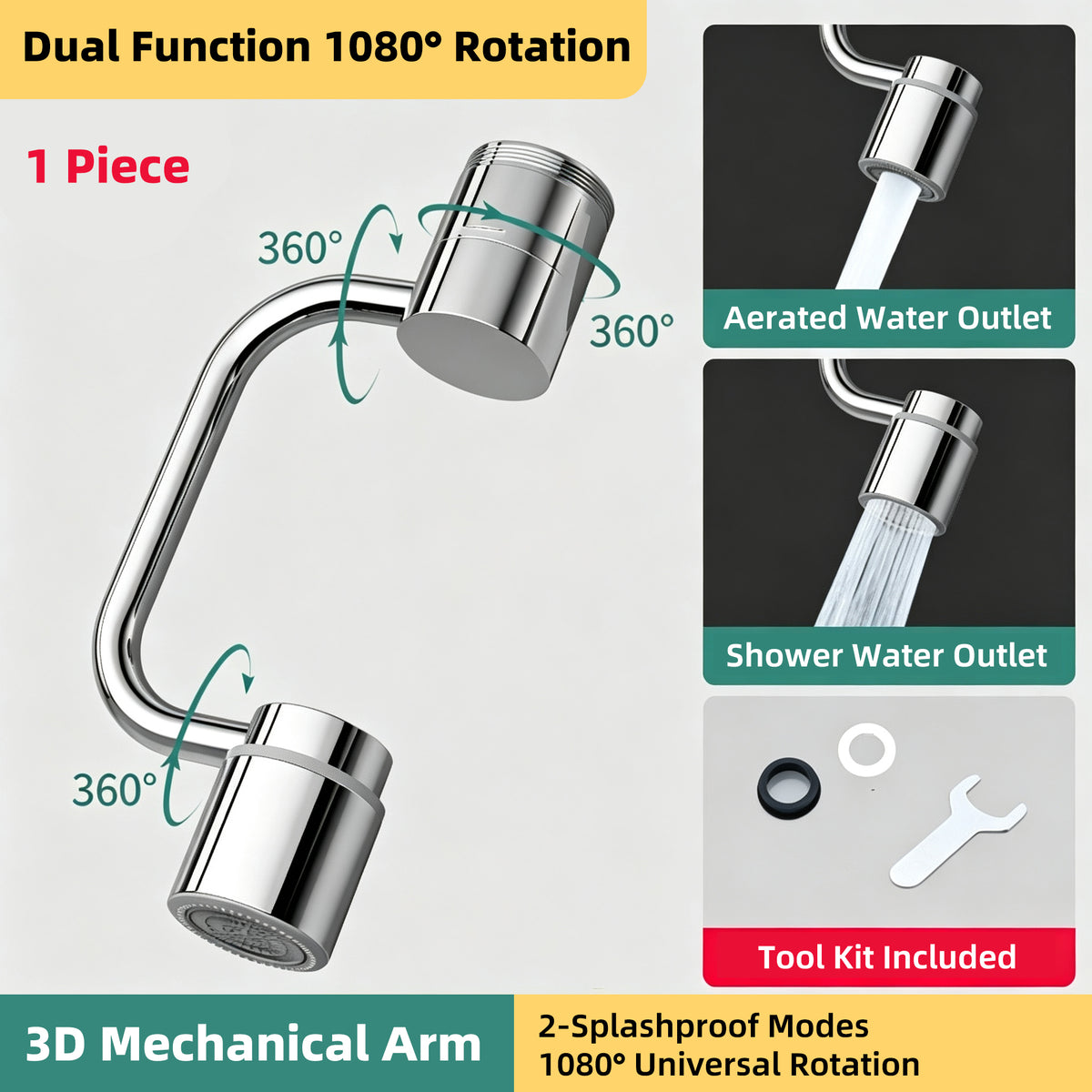 1080° Rotating Faucet Extender with 2 Spray Modes