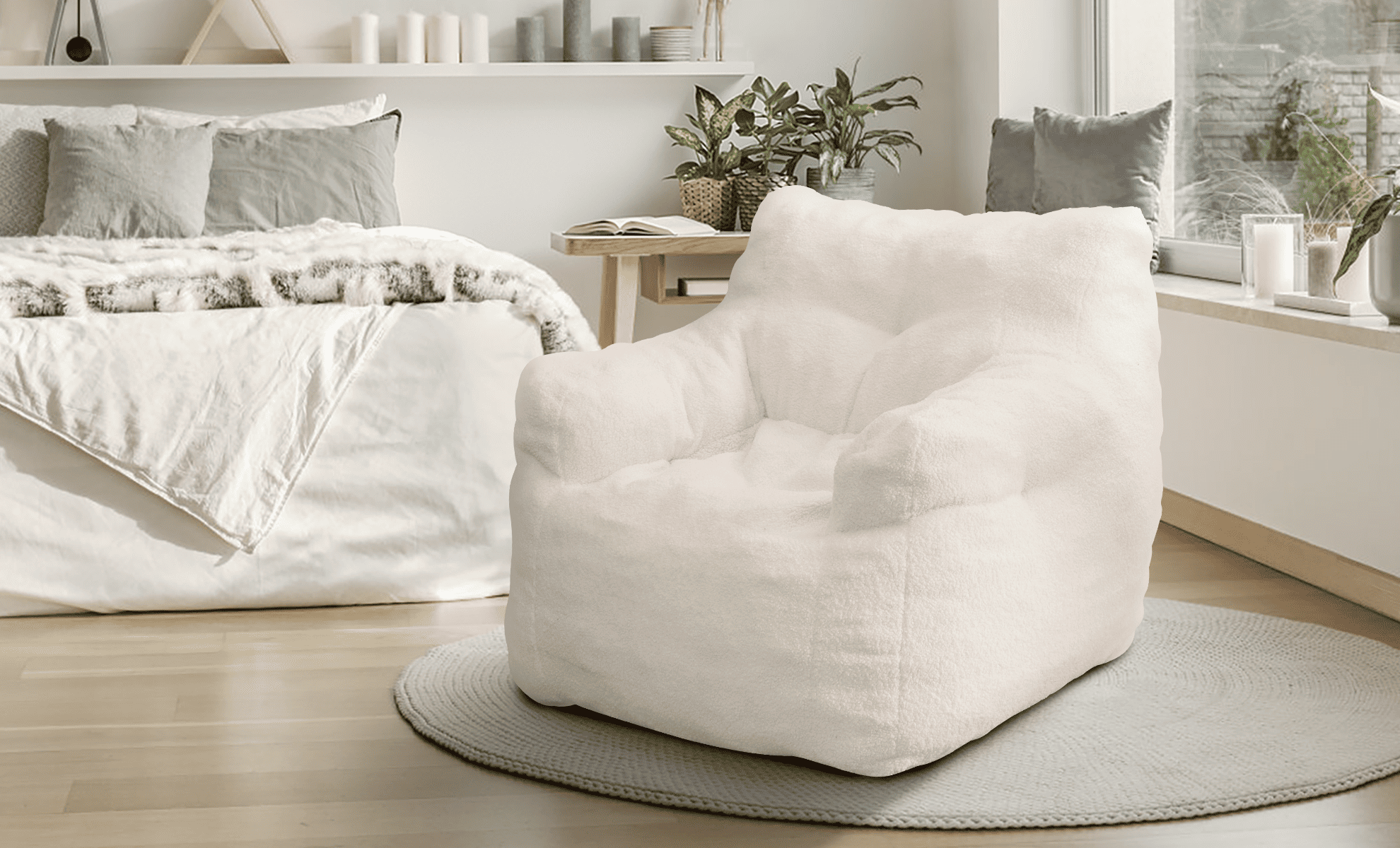 Ivory White Tufted Bean Bag Chair - Soft Plush Lounge Chair for Living Room & Bedroom