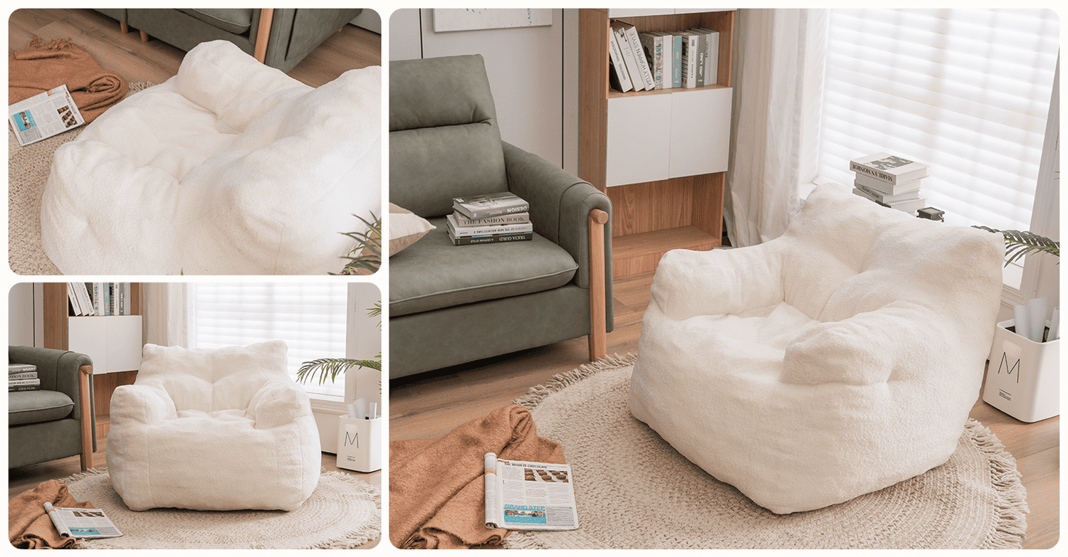 Oversized Ivory Bean Bag Chair - Tufted Design with Soft Fill for Living Room & Dorm