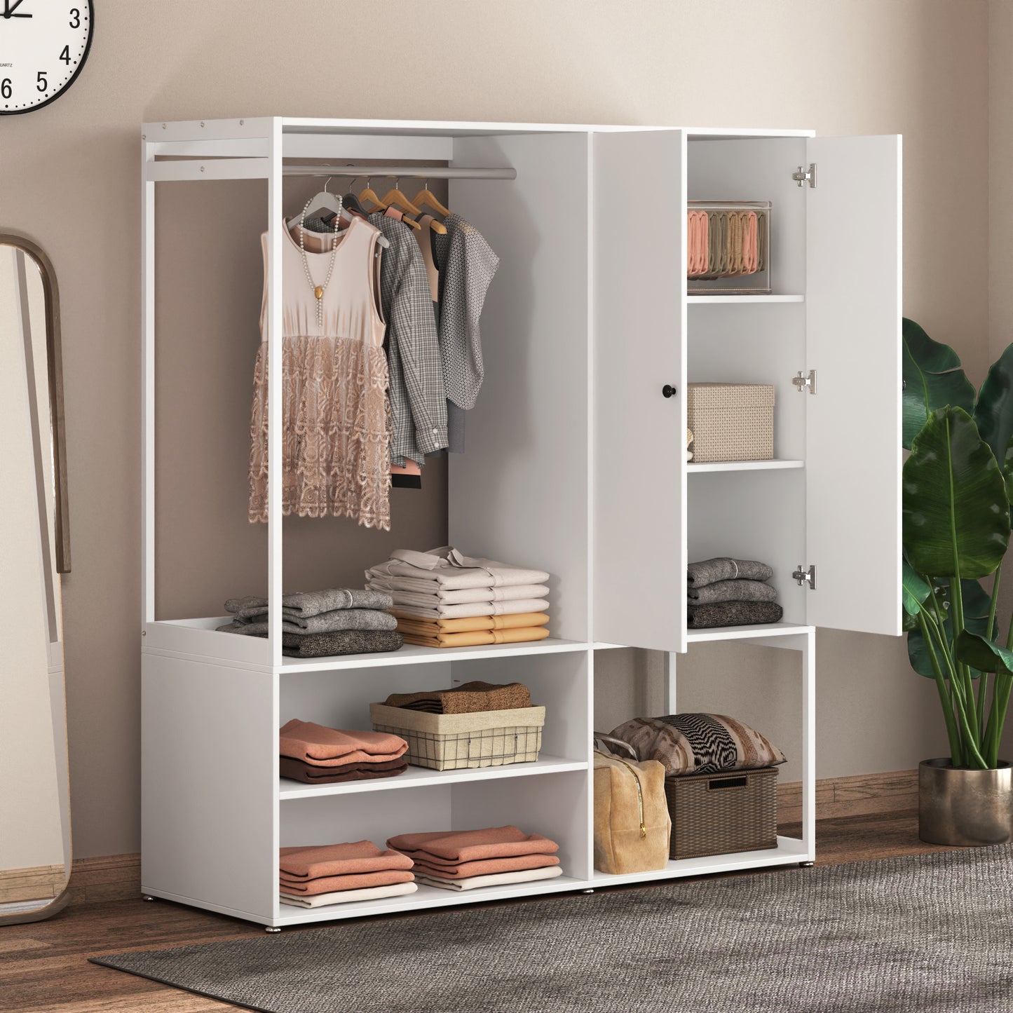 Wardrobe Closet, White Cabinet with Shelves, High wardrobe with 2 doors, some storage shelves,Large Clothing Storage with Hanging Rod for Bedroom, Living/Laundry Room
