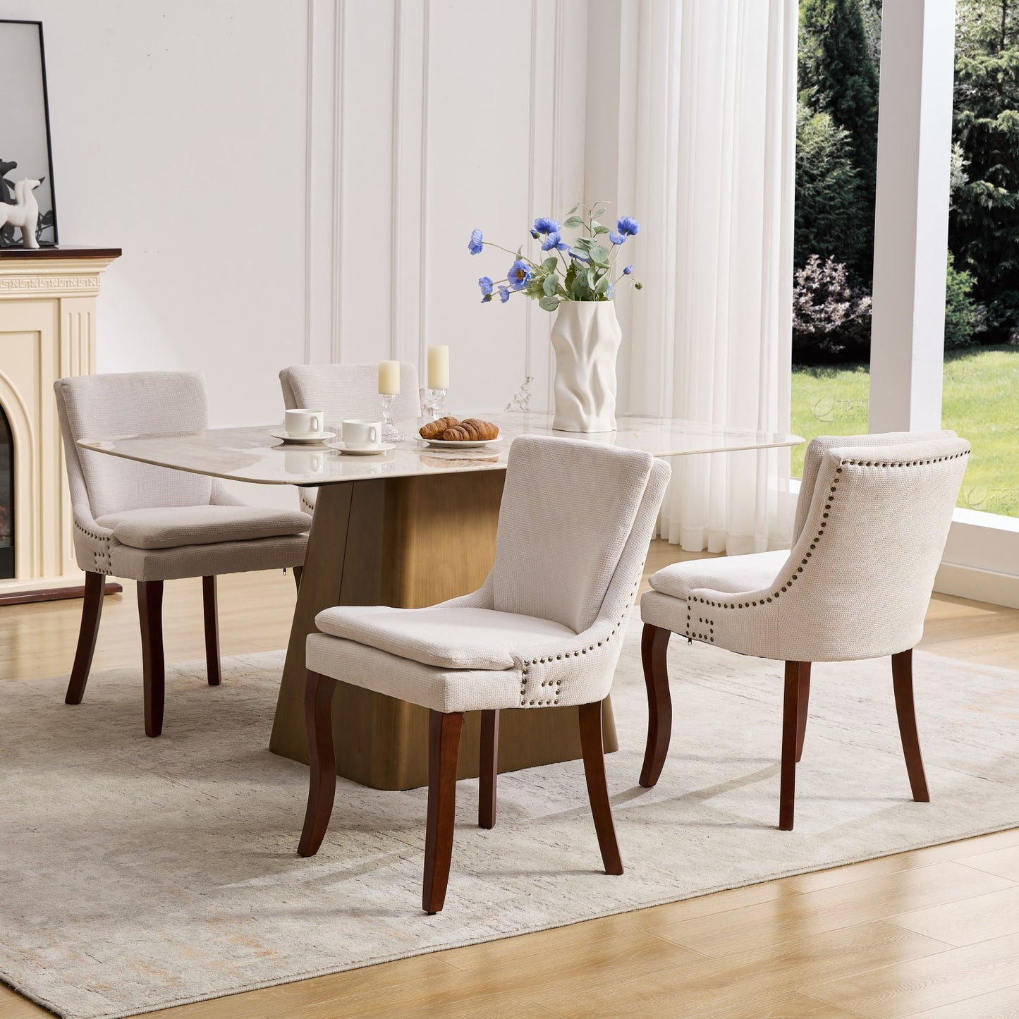 Modern Dining Chairs Set of 2,Double-layer Cushioned Chenille fabric Upholstered Accent Side Leisure Chairs with Mid Back and Curved Solid Wood Legs for Living Room/Dining Room-Beige 