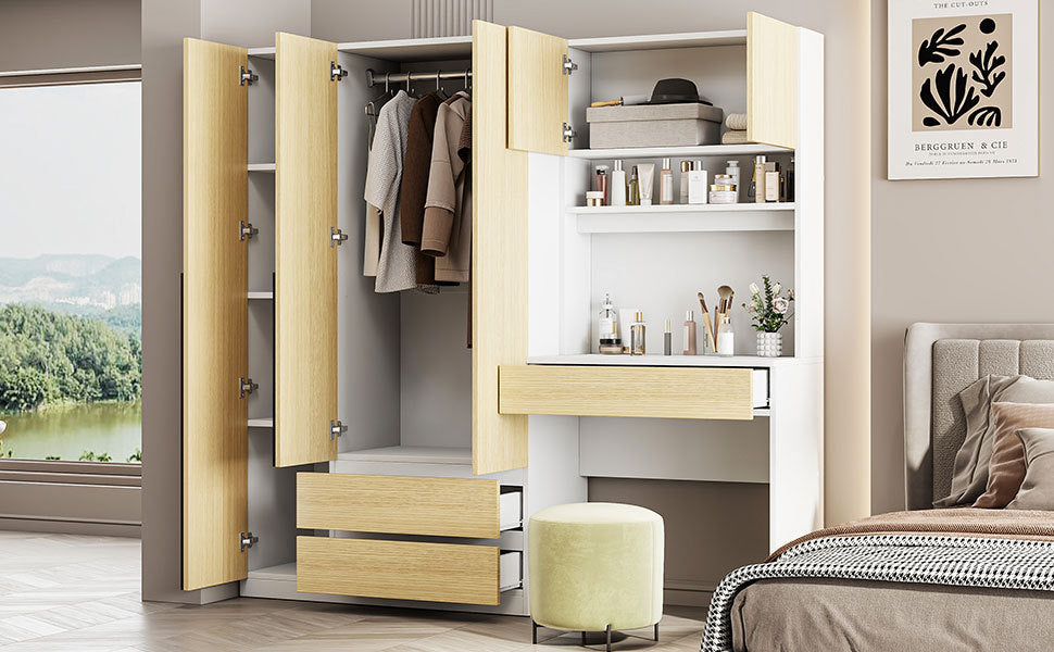 3-Door Wooden Storage Desk Wardrobe for Bedroom with Shelves and 3 Drawers, Natural