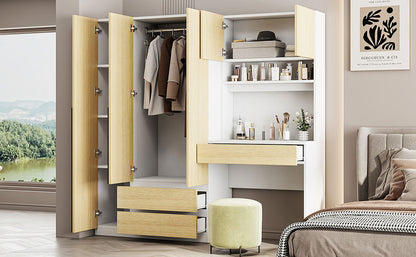 3-Door Wooden Storage Desk Wardrobe for Bedroom with Shelves and 3 Drawers, Natural