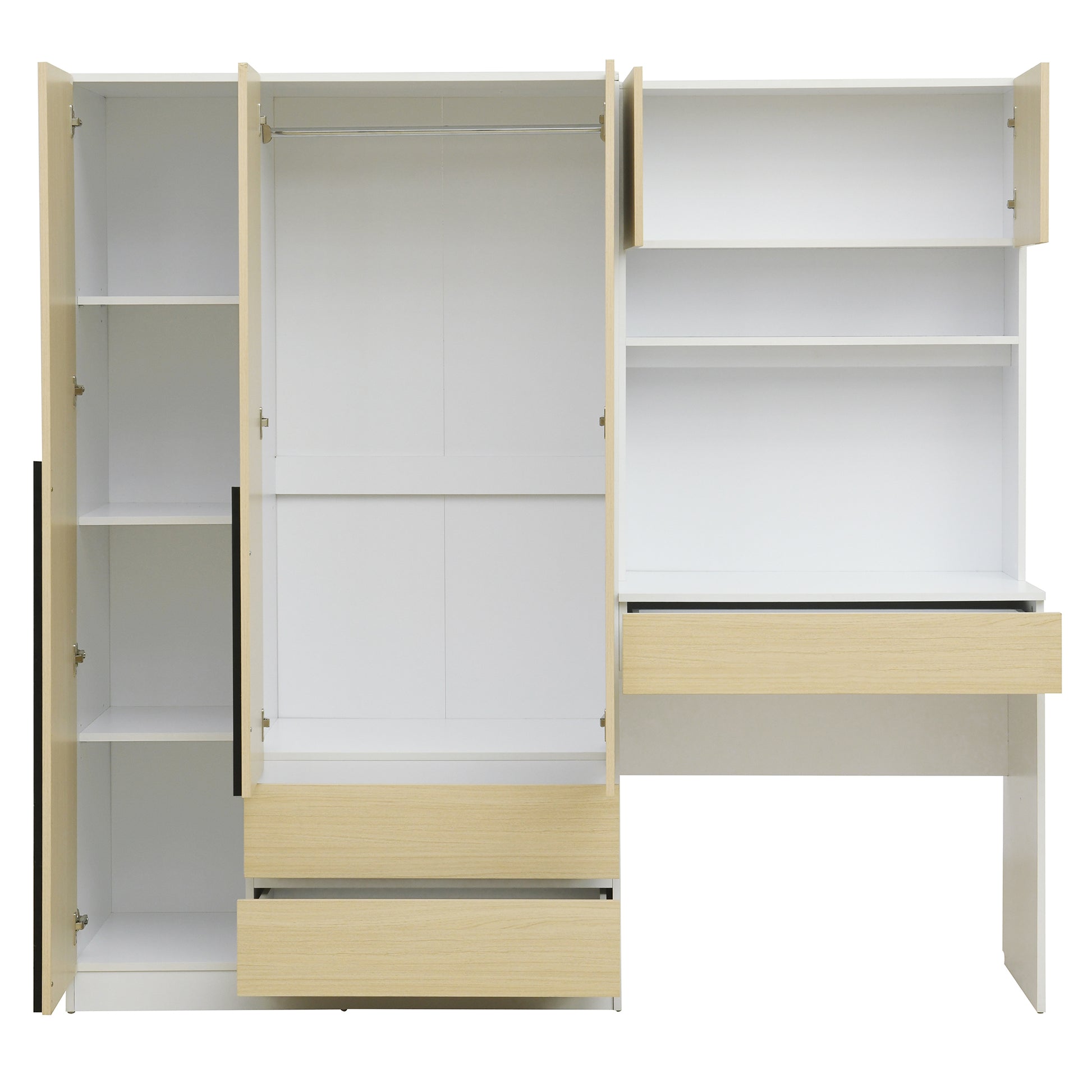 3-Door Wooden Storage Desk Wardrobe for Bedroom with Shelves and 3 Drawers, Natural