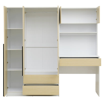 3-Door Wooden Storage Desk Wardrobe for Bedroom with Shelves and 3 Drawers, Natural