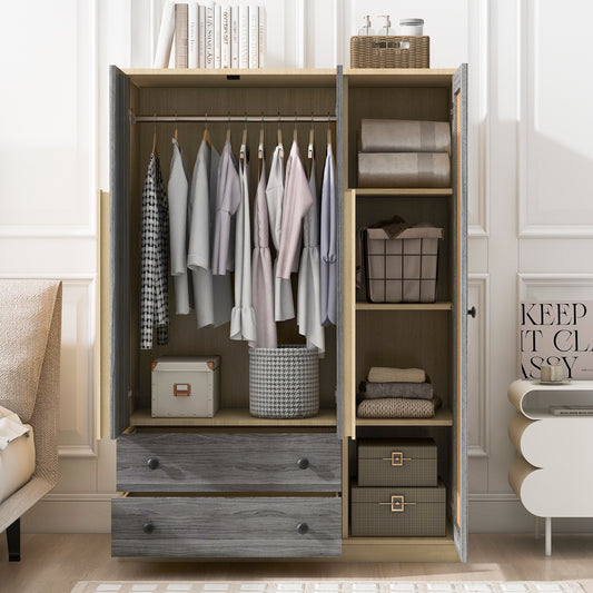3-Doors Wooden Rattan Wardrobe Storage for Bedroom,with 2 Drawers,Gray+Nature