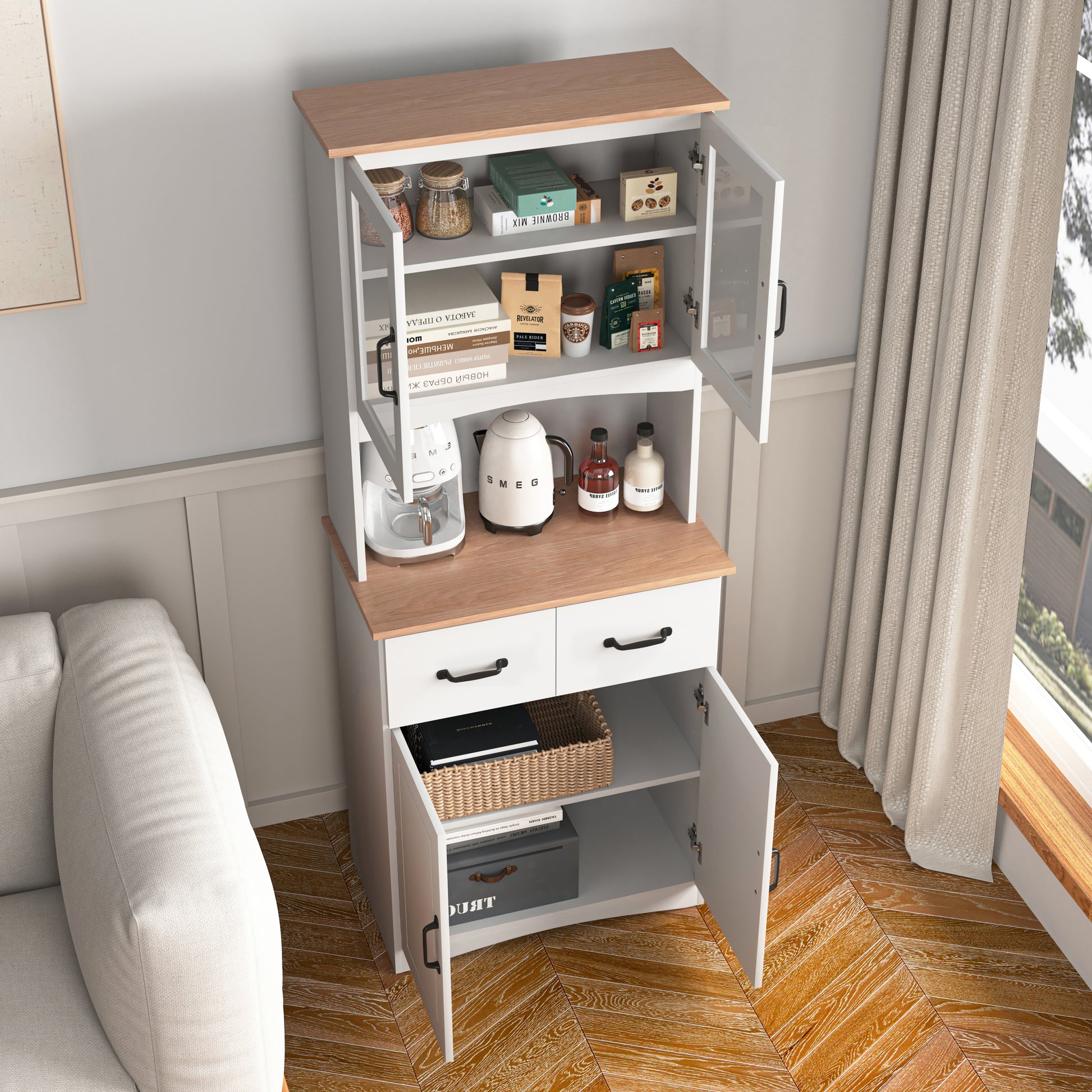 Wooden Kitchen Cabinet White Pantry Room Storage Microwave Cabinet with Framed Glass Doors and Drawer 