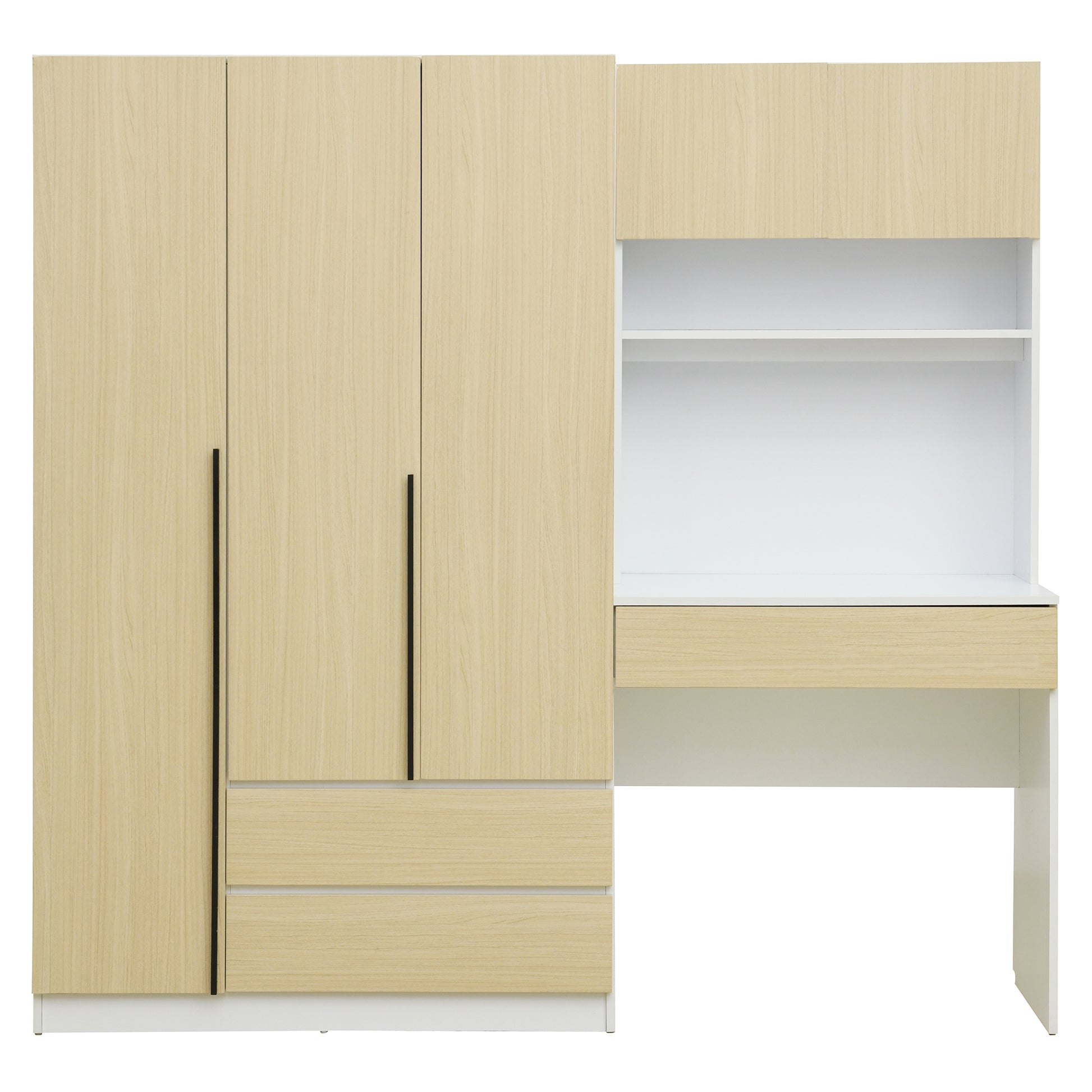 3-Door Wooden Storage Desk Wardrobe for Bedroom with Shelves and 3 Drawers, Natural