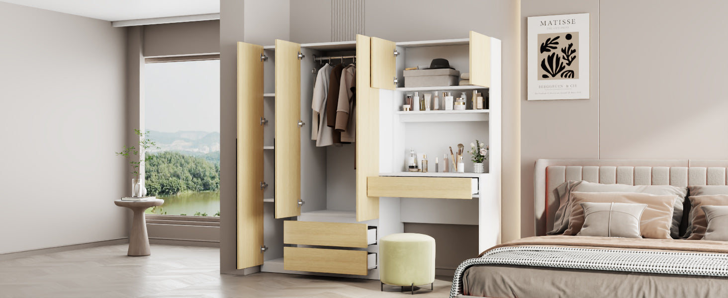 3-Door Wooden Storage Desk Wardrobe for Bedroom with Shelves and 3 Drawers, Natural