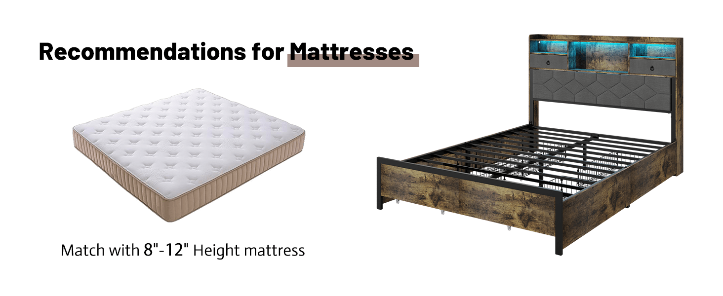 Bed Frame Queen Size with Drawers and Charging Station, Upholstered Platform Bed with Storage Headboard and LED Light, Heavy Duty Metal Frame Support, No Box Spring Needed, Noise Free, Vintage Brown - Usofuns