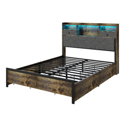 Bed Frame Queen Size with Drawers and Charging Station, Upholstered Platform Bed with Storage Headboard and LED Light, Heavy Duty Metal Frame Support, No Box Spring Needed, Noise Free, Vintage Brown - Usofuns
