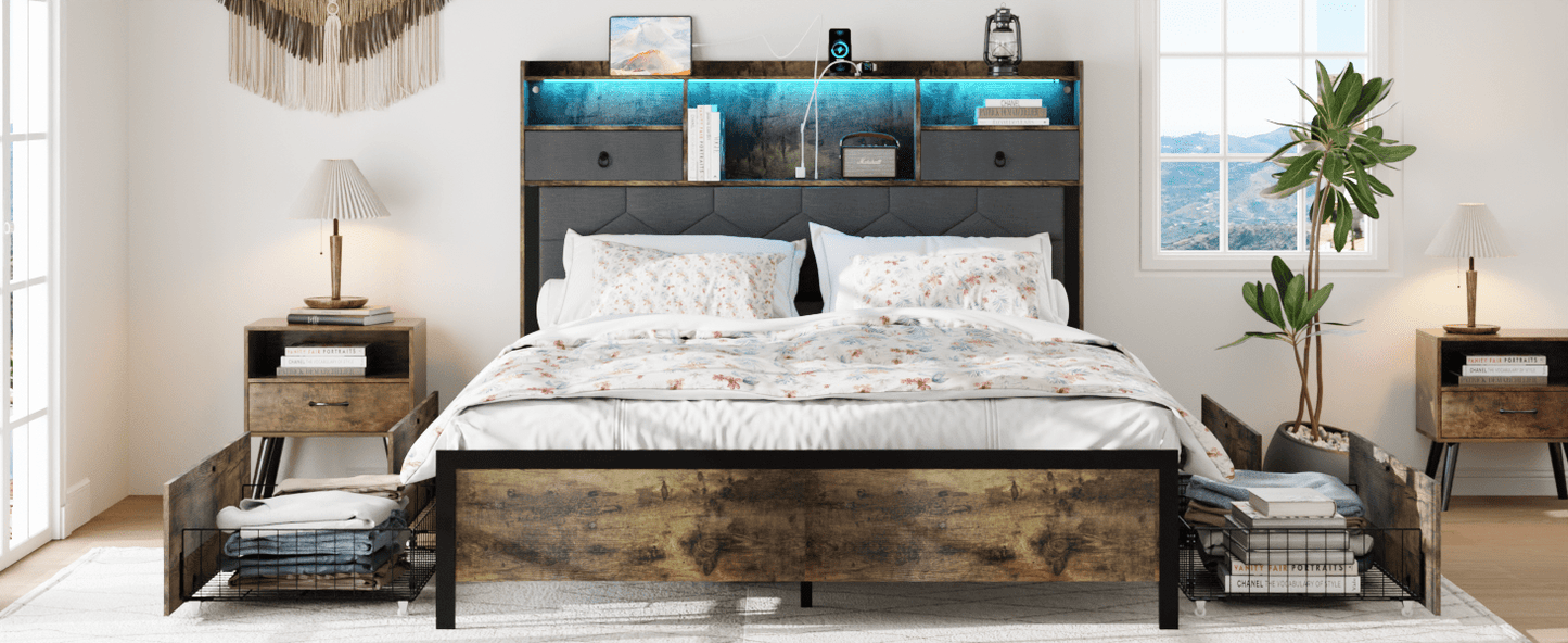 Bed Frame Queen Size with Drawers and Charging Station, Upholstered Platform Bed with Storage Headboard and LED Light, Heavy Duty Metal Frame Support, No Box Spring Needed, Noise Free, Vintage Brown - Usofuns
