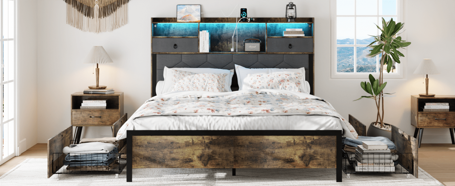 Bed Frame Queen Size with Drawers and Charging Station, Upholstered Platform Bed with Storage Headboard and LED Light, Heavy Duty Metal Frame Support, No Box Spring Needed, Noise Free, Vintage Brown - Usofuns