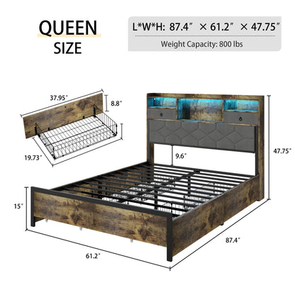 Bed Frame Queen Size with Drawers and Charging Station, Upholstered Platform Bed with Storage Headboard and LED Light, Heavy Duty Metal Frame Support, No Box Spring Needed, Noise Free, Vintage Brown - Usofuns