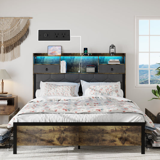 Bed Frame Queen Size with Drawers and Charging Station, Upholstered Platform Bed with Storage Headboard and LED Light, Heavy Duty Metal Frame Support, No Box Spring Needed, Noise Free, Vintage Brown - Usofuns