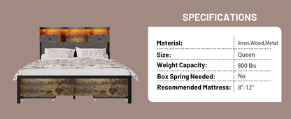 Bed Frame Queen Size with Drawers and Charging Station, Upholstered Platform Bed with Storage Headboard and LED Light, Heavy Duty Metal Frame Support, No Box Spring Needed, Noise Free, Vintage Brown - Usofuns