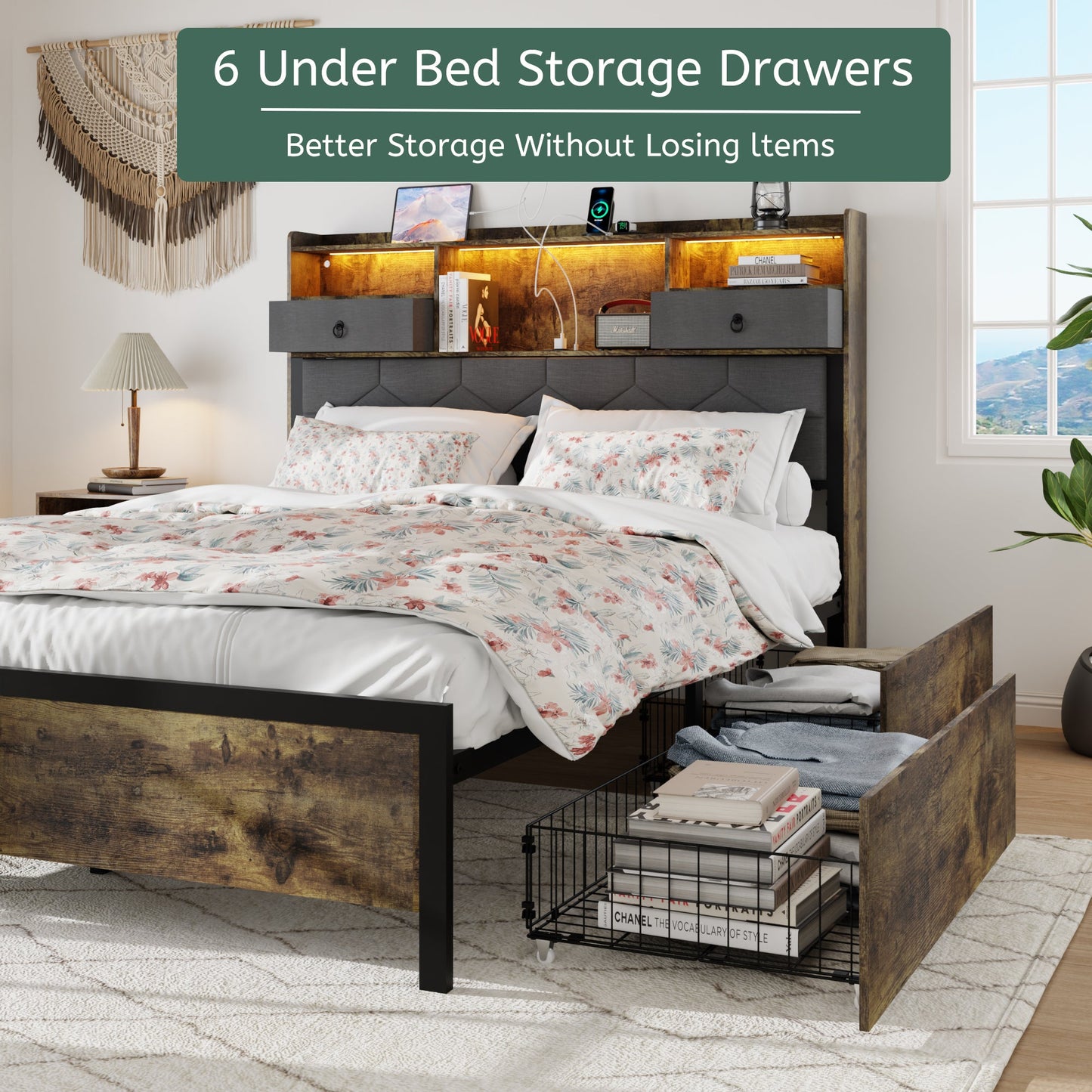 Bed Frame Queen Size with Drawers and Charging Station, Upholstered Platform Bed with Storage Headboard and LED Light, Heavy Duty Metal Frame Support, No Box Spring Needed, Noise Free, Vintage Brown - Usofuns