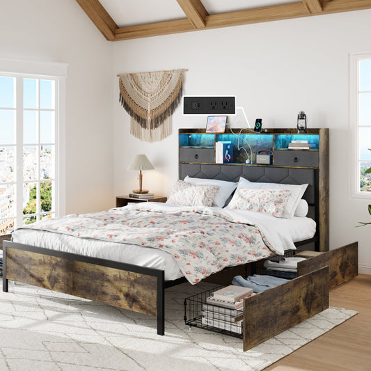 Bed Frame Queen Size with Drawers and Charging Station, Upholstered Platform Bed with Storage Headboard and LED Light, Heavy Duty Metal Frame Support, No Box Spring Needed, Noise Free, Vintage Brown - Usofuns