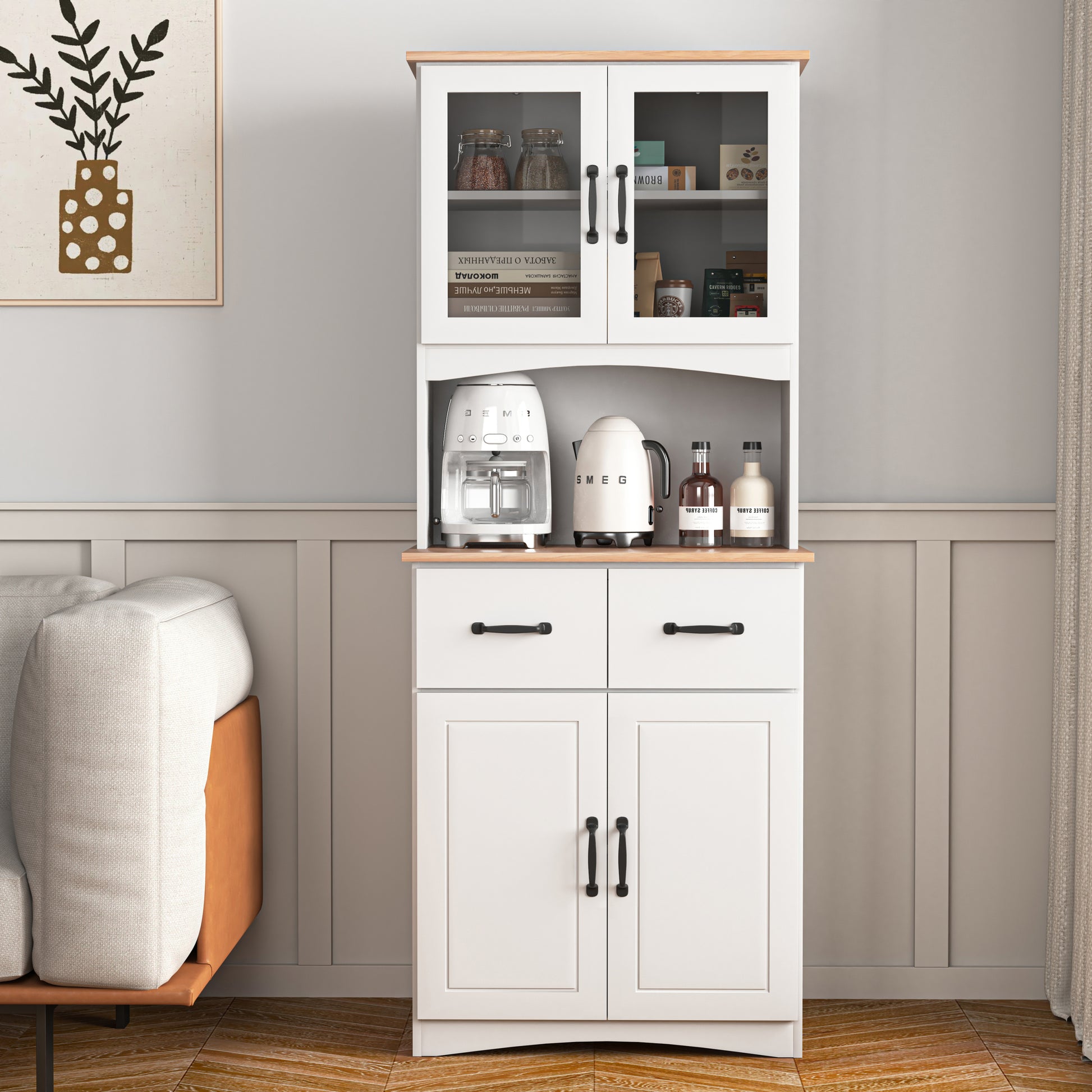 Wooden Kitchen Cabinet White Pantry Room Storage Microwave Cabinet with Framed Glass Doors and Drawer 