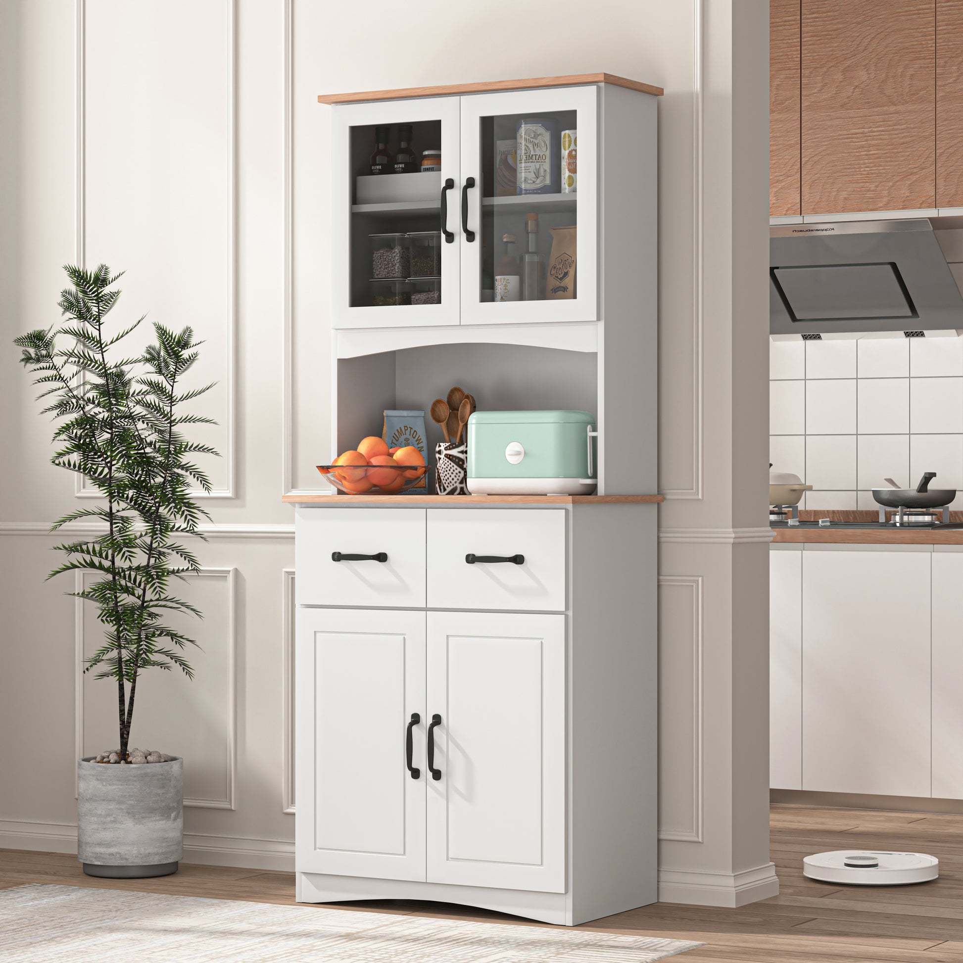 Wooden Kitchen Cabinet White Pantry Room Storage Microwave Cabinet with Framed Glass Doors and Drawer 