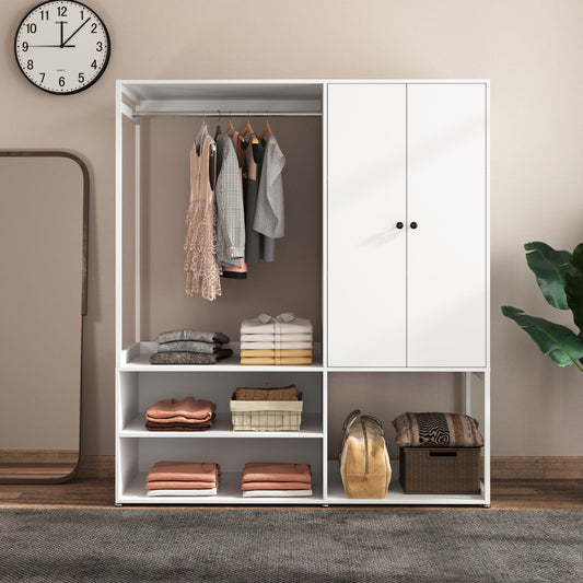 Wardrobe Closet, White Cabinet with Shelves, High wardrobe with 2 doors, some storage shelves,Large Clothing Storage with Hanging Rod for Bedroom, Living/Laundry Room