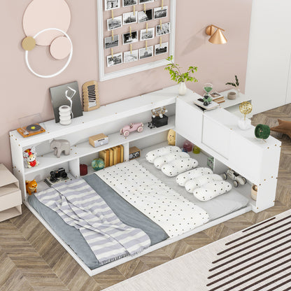 Full Floor Bed with L-shaped Bookcases, sliding doors,without slats,White 