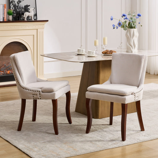 Modern Dining Chairs Set of 2,Double-layer Cushioned Chenille fabric Upholstered Accent Side Leisure Chairs with Mid Back and Curved Solid Wood Legs for Living Room/Dining Room-Beige 