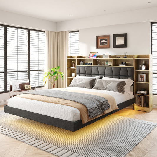 Floating Queen Bed Frame with LED Light and Bookcase Storage Headboard Queen Size Upholstered Platform Bed with Charging Station ,No Box Spring Needed,Easy Assembly, Black+Rustic - Usofuns