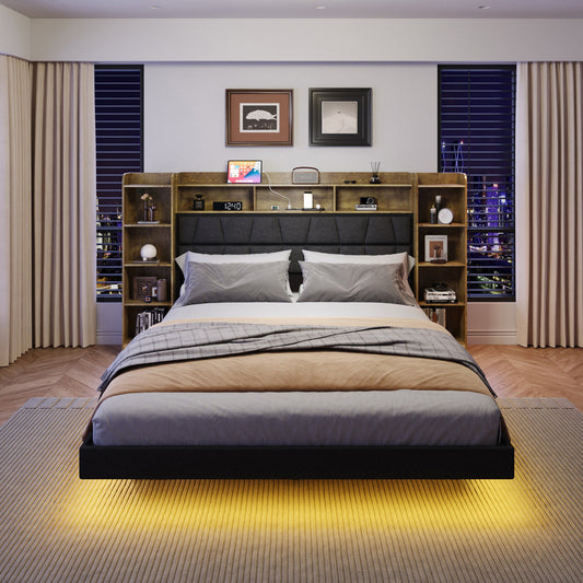 Floating Queen Bed Frame with LED Light and Bookcase Storage Headboard Queen Size Upholstered Platform Bed with Charging Station ,No Box Spring Needed,Easy Assembly, Black+Rustic - Usofuns