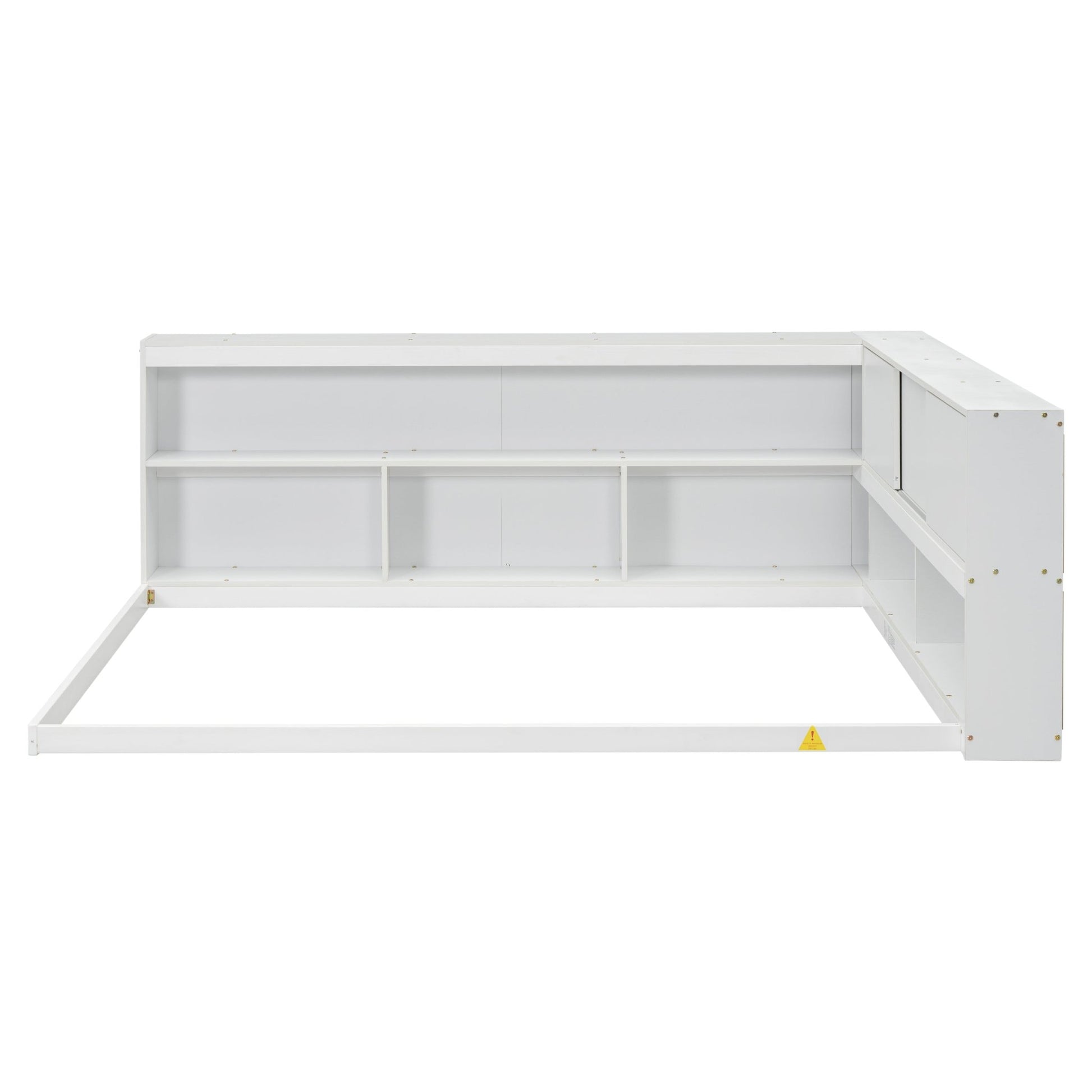 Full Floor Bed with L - shaped Bookcases, sliding doors,without slats,White - Usofuns