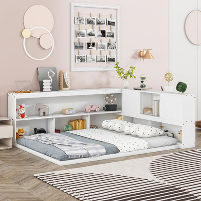 Full Floor Bed with L - shaped Bookcases, sliding doors,without slats,White - Usofuns
