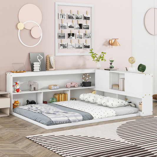 Full Floor Bed with L - shaped Bookcases, sliding doors,without slats,White - Usofuns