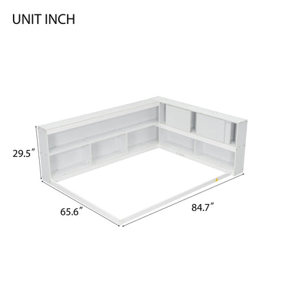 Full Floor Bed with L - shaped Bookcases, sliding doors,without slats,White - Usofuns