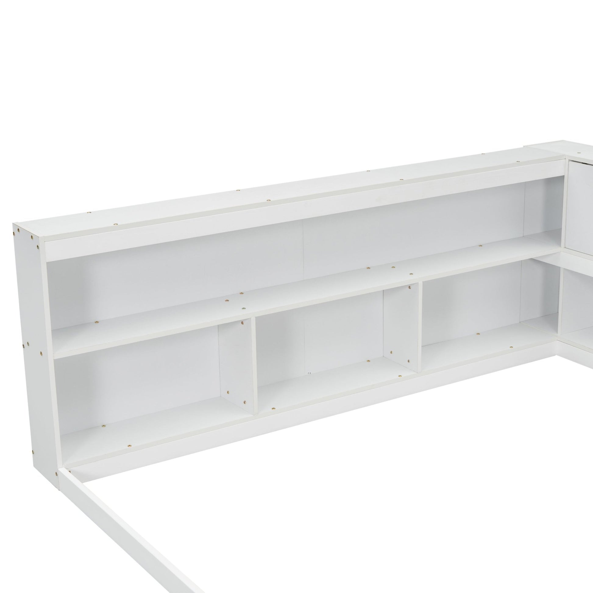 Full Floor Bed with L - shaped Bookcases, sliding doors,without slats,White - Usofuns