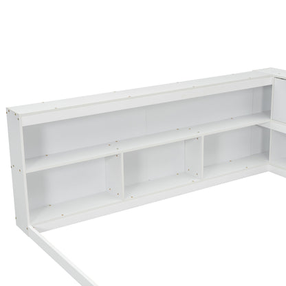 Full Floor Bed with L - shaped Bookcases, sliding doors,without slats,White - Usofuns