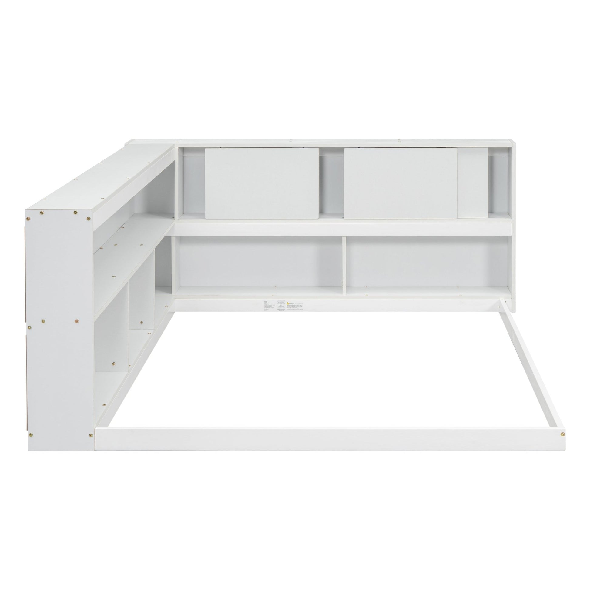 Full Floor Bed with L - shaped Bookcases, sliding doors,without slats,White - Usofuns