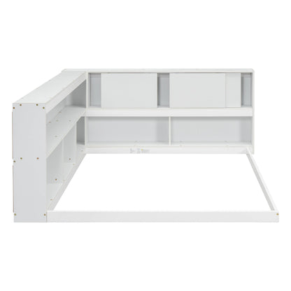 Full Floor Bed with L - shaped Bookcases, sliding doors,without slats,White - Usofuns