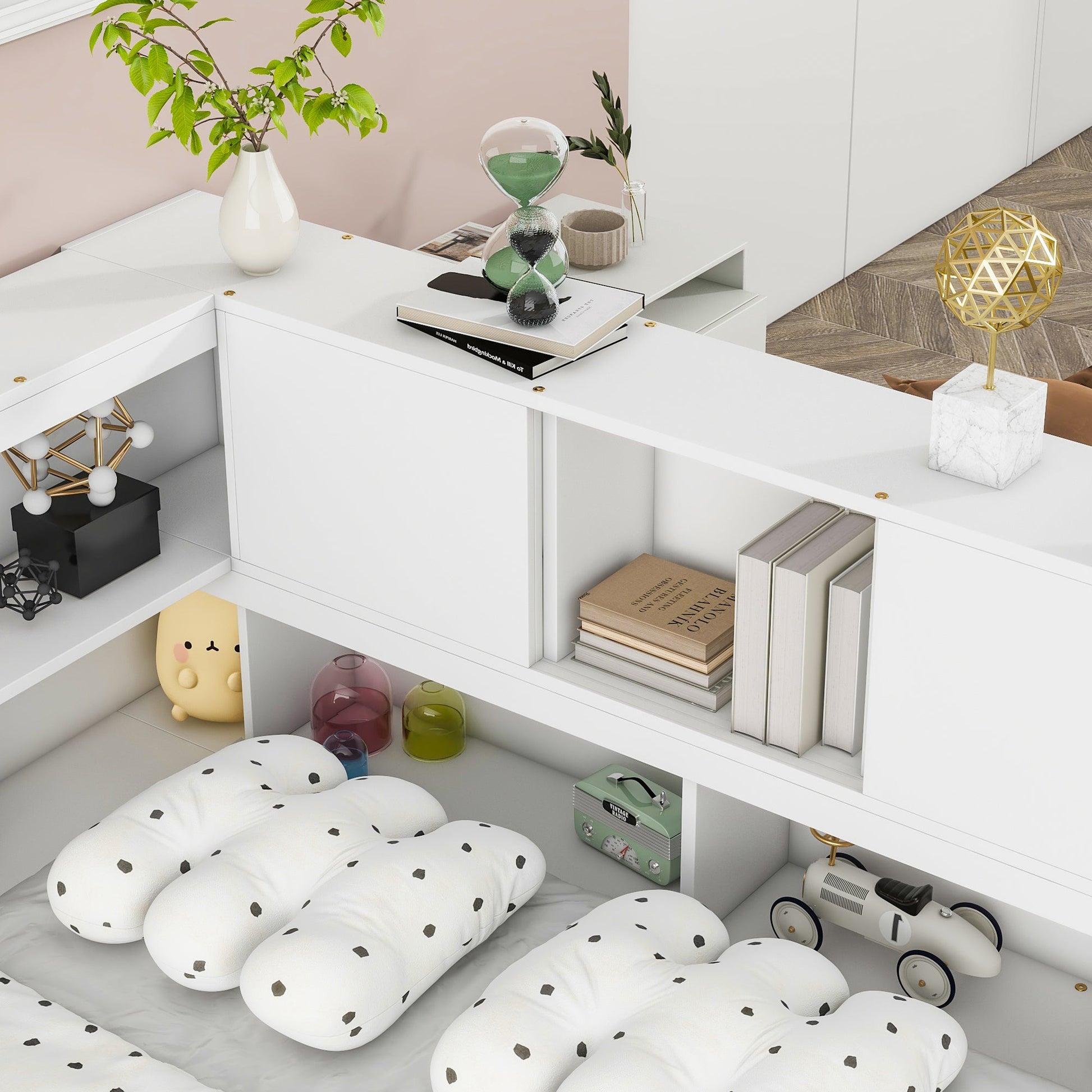 Full Floor Bed with L - shaped Bookcases, sliding doors,without slats,White - Usofuns